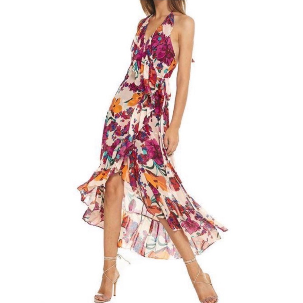 MISA Los Angeles Women Small Melany Multi Floral Halter Wrap Dress Ruffle Midi